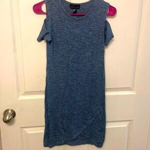 Blue Ribbed Cold Shoulder Dress-XS